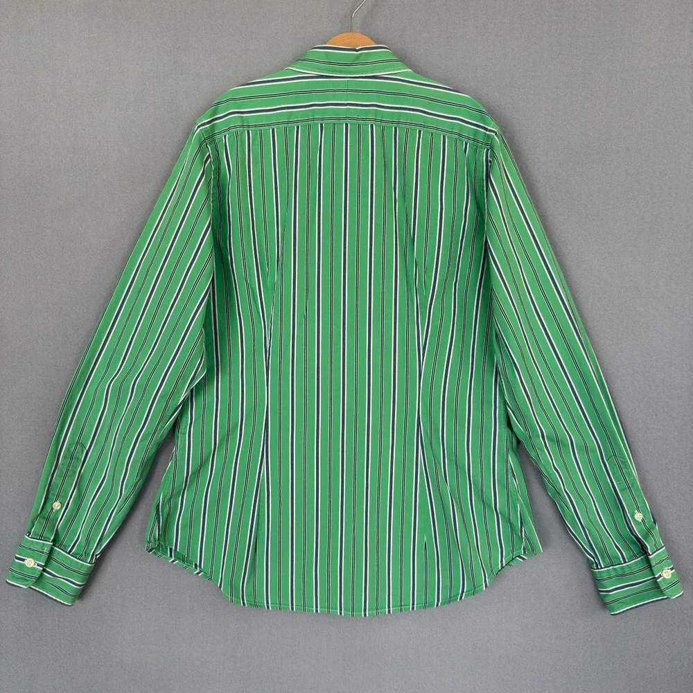 Ralph Lauren Boys 10 Slim Fit Green Striped Button Down‎ Long Sleeve Shirt